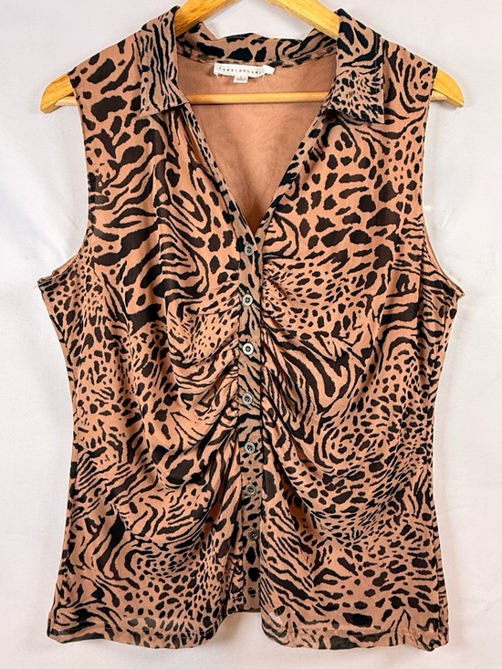 Jane and Delancey Tops - Animal Print Sleeveless Blouse Ruched Front Button Top Tan Brown Size L